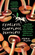 Book cover, black background with fungi. Green text. 